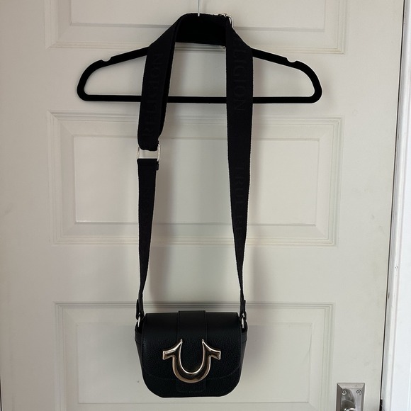 True Religion Handbags - TRUE RELIGION Mini Flap Logo Crossbody Bag Black Gold Horseshoe Adjustable Strap